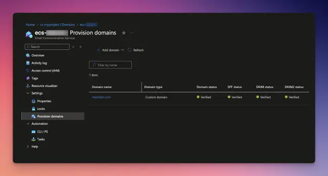 Azure E-Mail Communication Service - Domain Settings